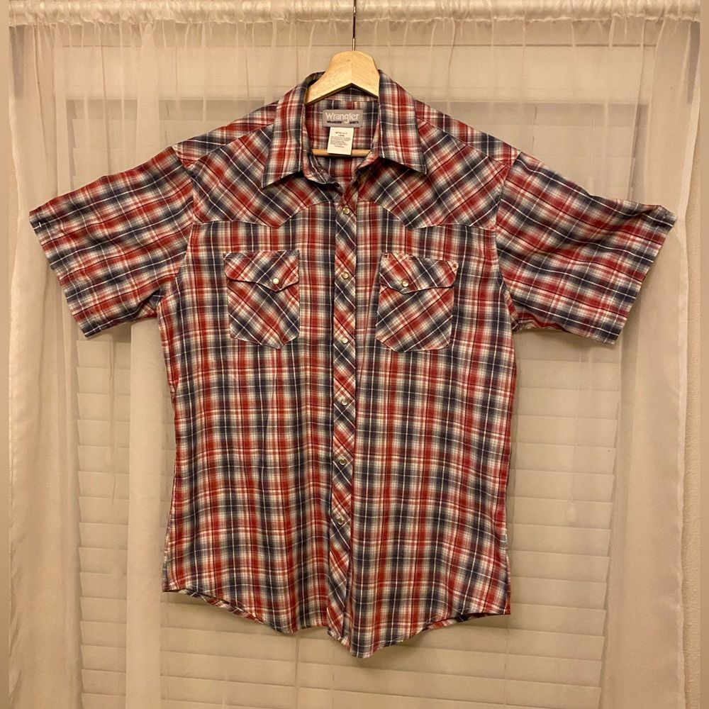 Wrangler Men's Red Blue Plaid Pearl Snap Short Sleeve Wrancher Shirt Large